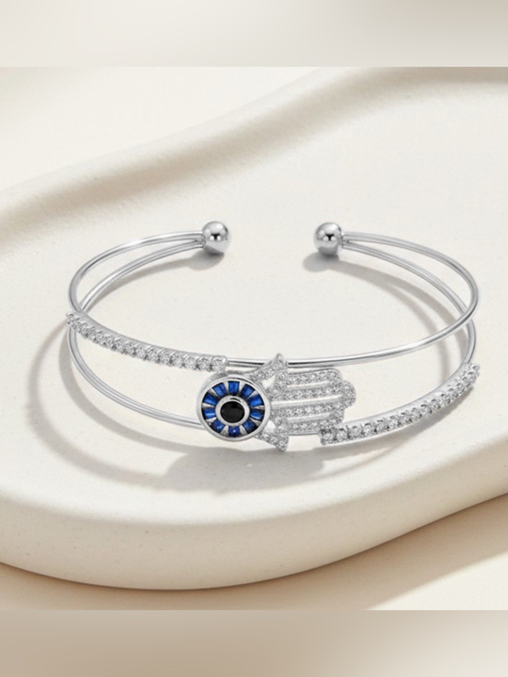 Gold Plated CZ Pave Hamsa Hand Evil Eye Cuff Bracelet